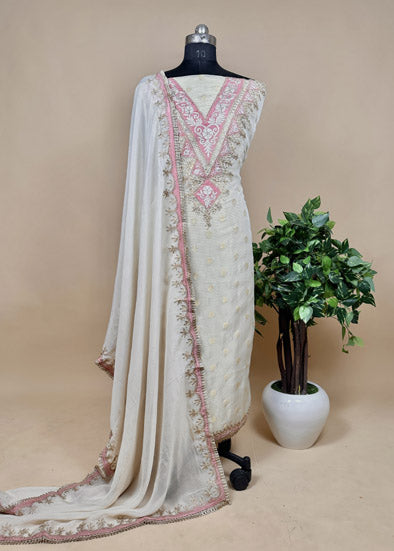 Pink With Off-White Embroidered Tissue Silk Suit