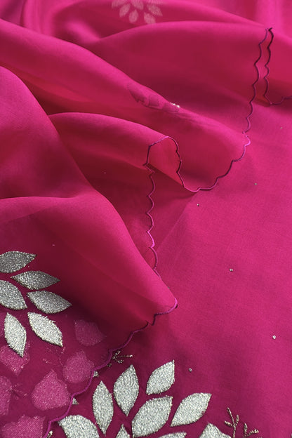 Rani Pink Premium Kora Silk Suit With Gota Patti Applique Work