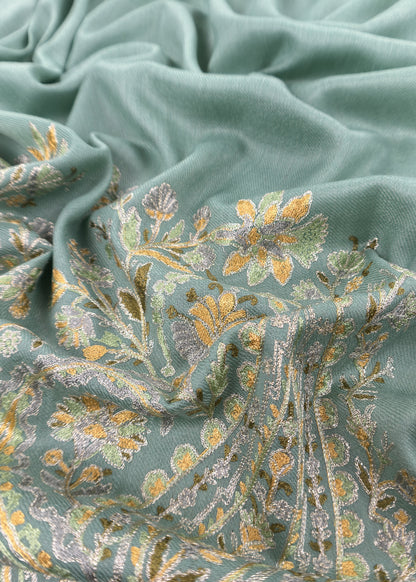 Turquoise Unstitched Woolen Suit With Aari Embroidery work