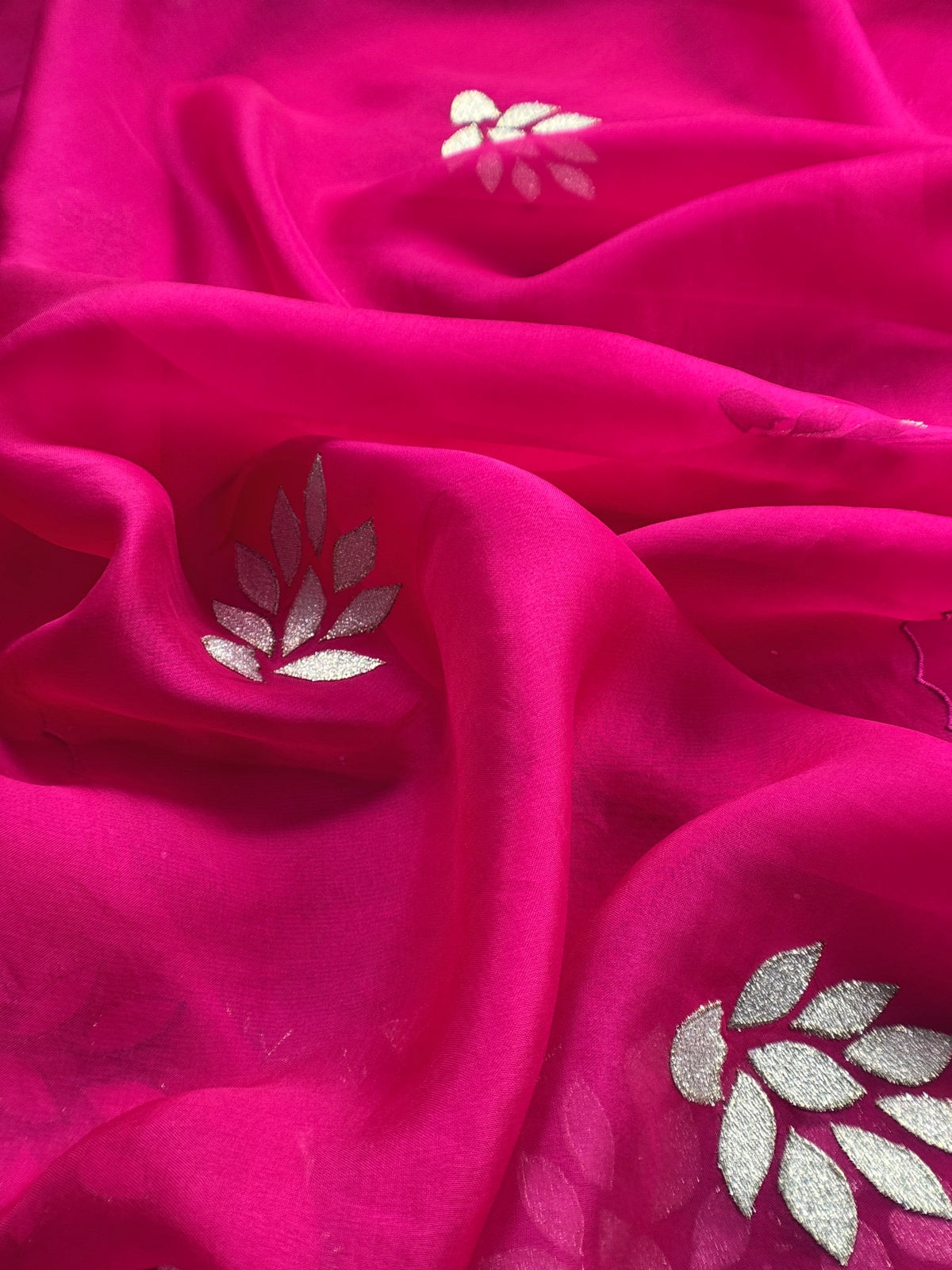 Rani Pink Premium Kora Silk Suit With Gota Patti Applique Work