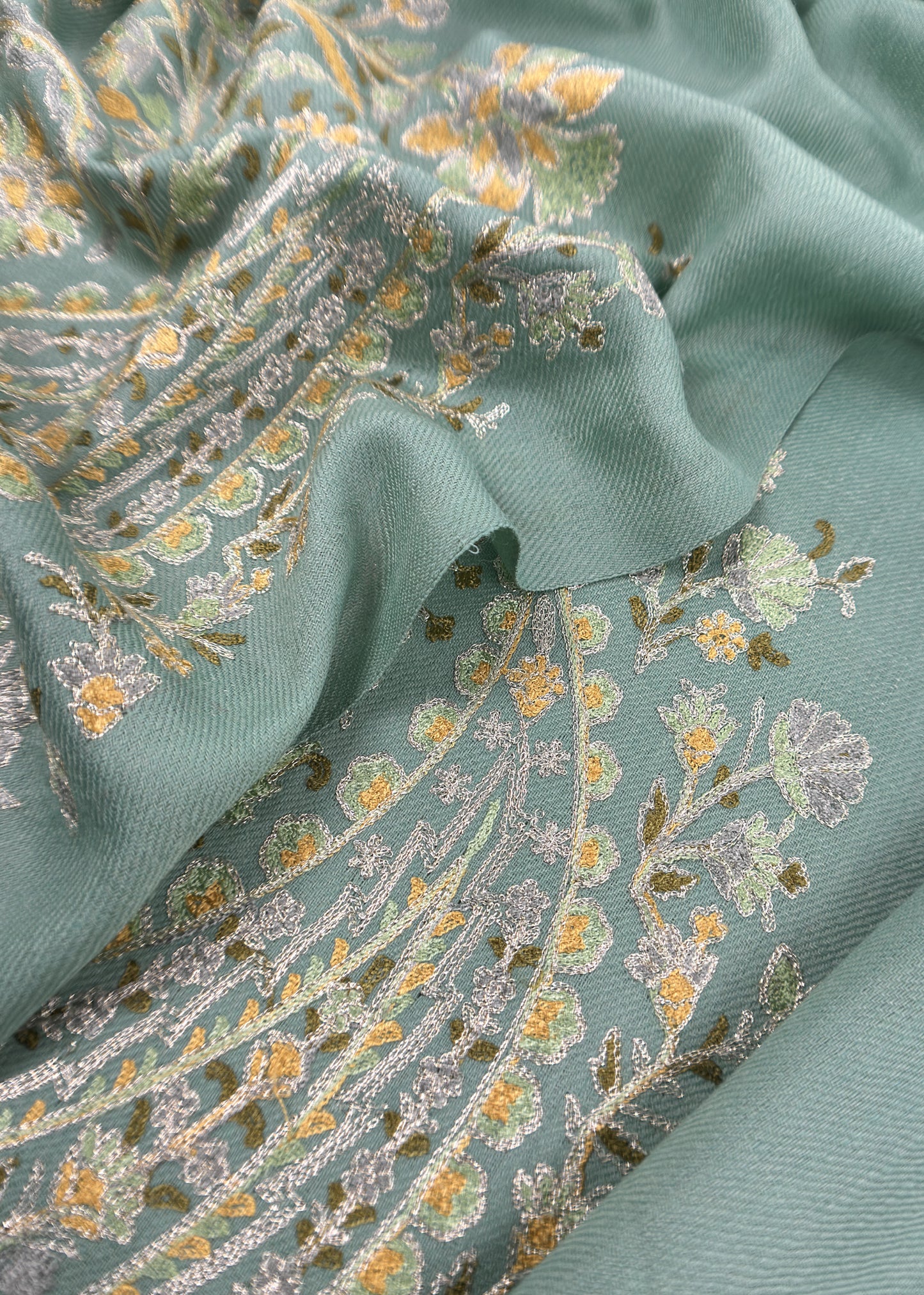 Turquoise Unstitched Woolen Suit With Aari Embroidery work