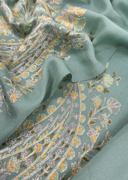 Turquoise Unstitched Woolen Suit With Aari Embroidery work