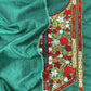 Emerald Green Satin Silk Suit Fabric With French knot And Kantha Stitch Hand Embroidery