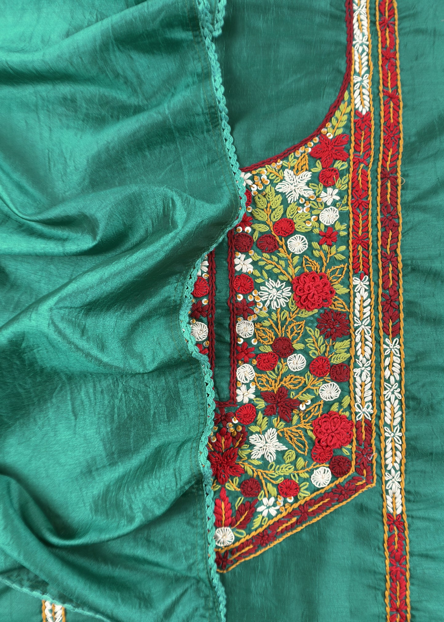 Emerald Green Satin Silk Suit Fabric With French knot And Kantha Stitch Hand Embroidery
