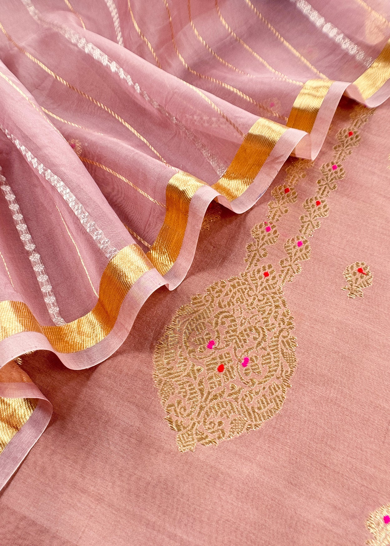 Handloom Silk Kurta And Kora Silk Dupatta With Meenakari Gold Kadwa Weaving