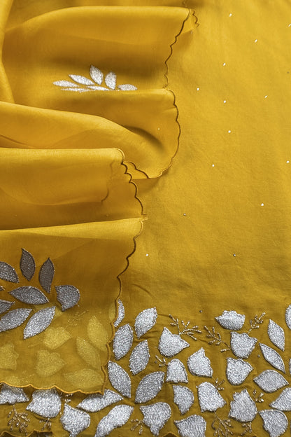 Yellow Premium Kora Silk Suit With Gota Patti Applique Work