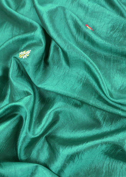 Emerald Green Satin Silk Suit Fabric With French knot And Kantha Stitch Hand Embroidery