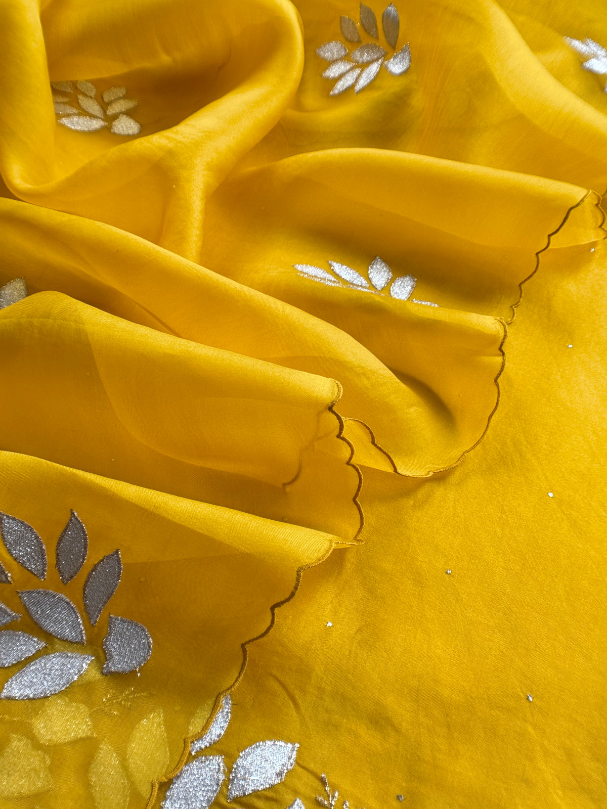 Yellow Premium Kora Silk Suit With Gota Patti Applique Work