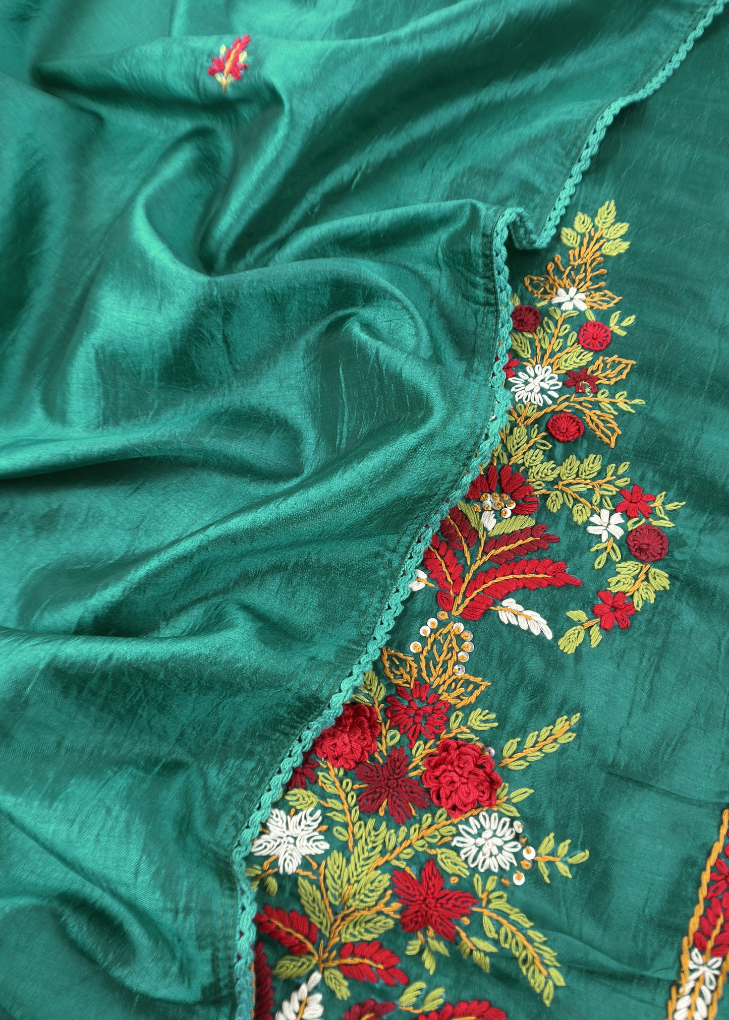Emerald Green Satin Silk Suit Fabric With French knot And Kantha Stitch Hand Embroidery