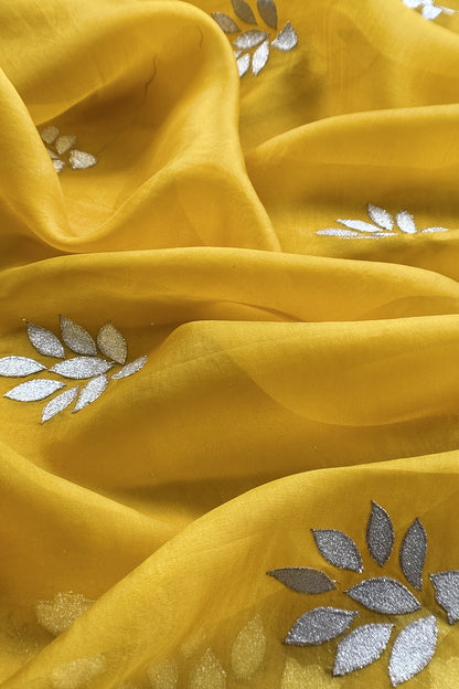 Yellow Premium Kora Silk Suit With Gota Patti Applique Work