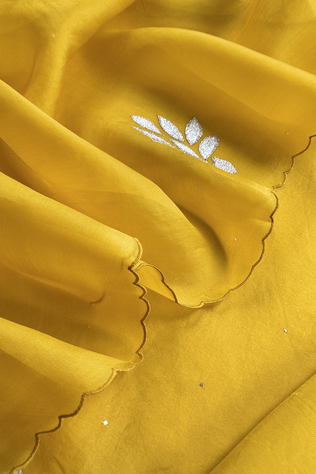 Yellow Premium Kora Silk Suit With Gota Patti Applique Work