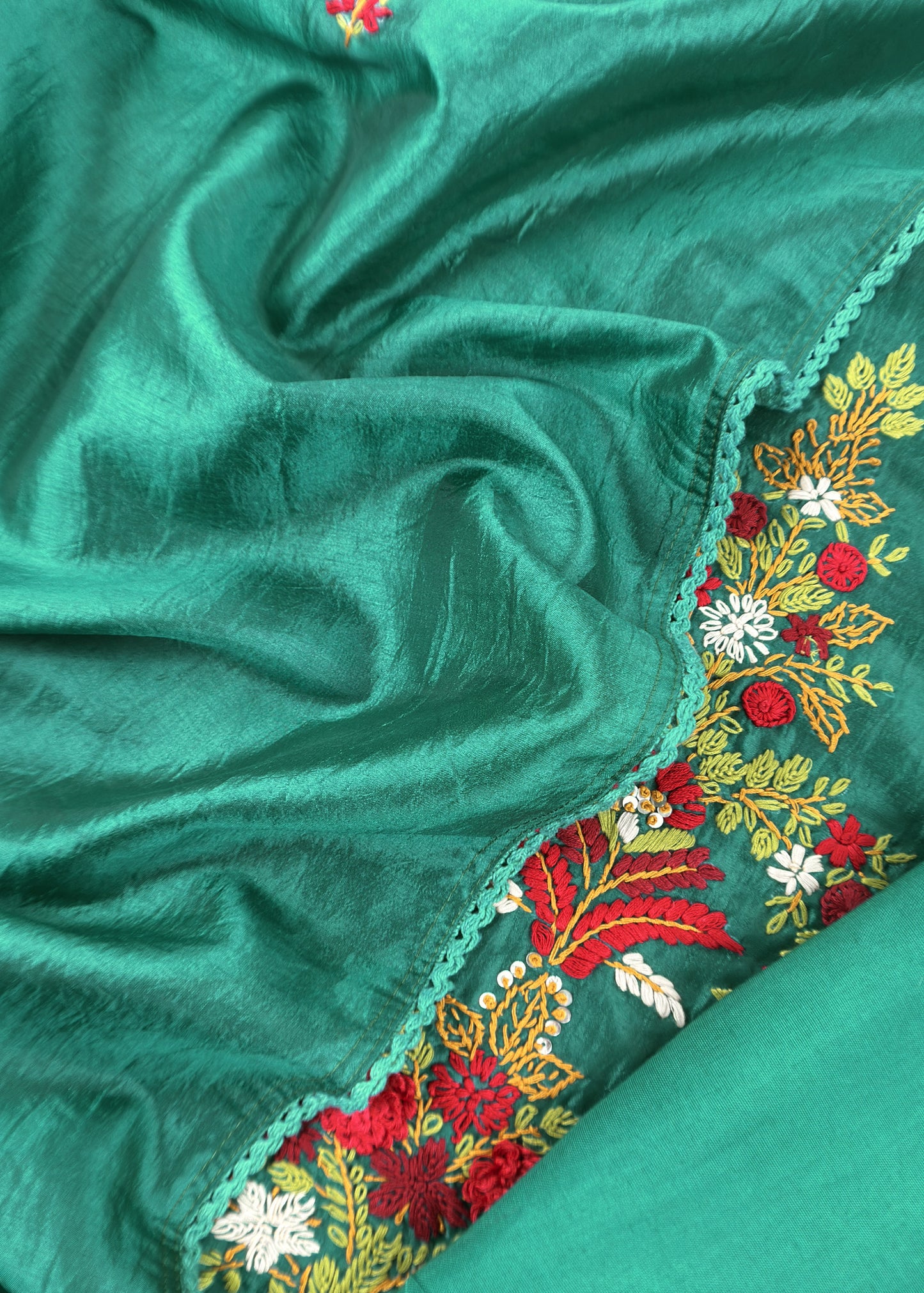 Emerald Green Satin Silk Suit Fabric With French knot And Kantha Stitch Hand Embroidery