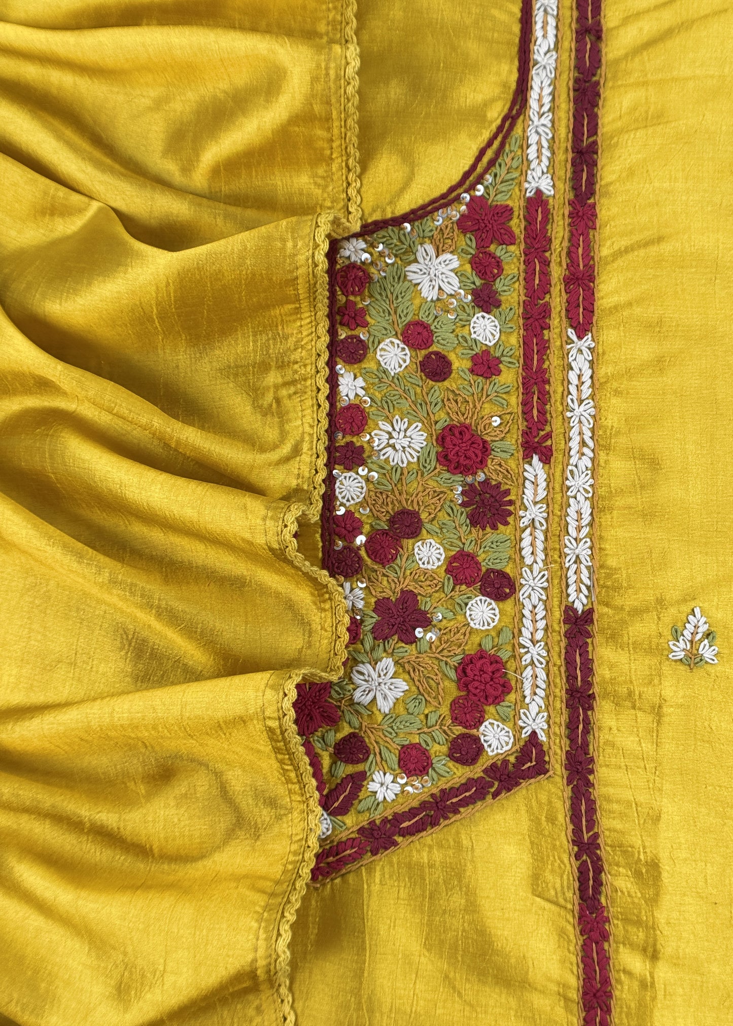 Yellow Satin Silk Suit Fabric With French knot And Kantha Stitch Hand Embroidery