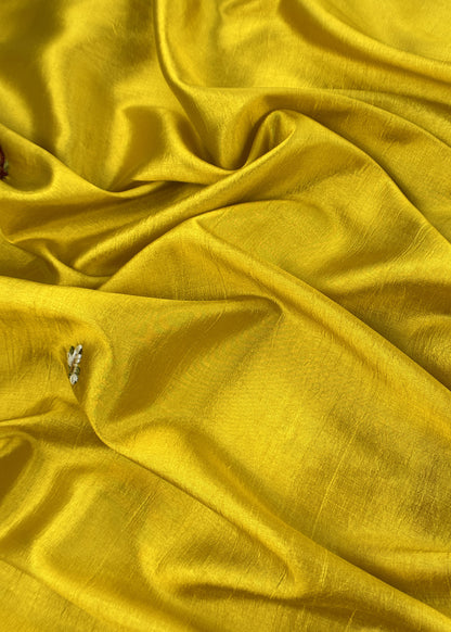 Yellow Satin Silk Suit Fabric With French knot And Kantha Stitch Hand Embroidery