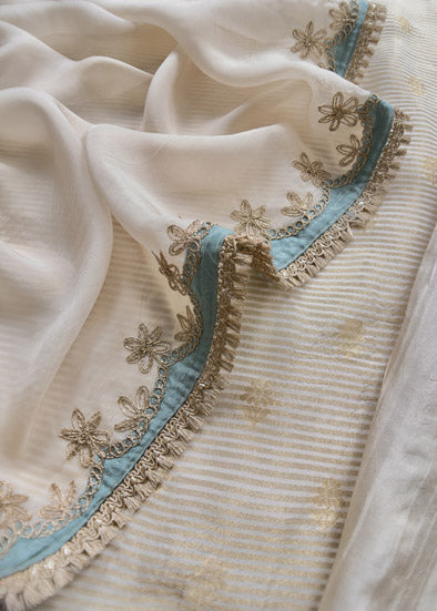 Blue With Off-White Embroidered Tissue Silk Suit