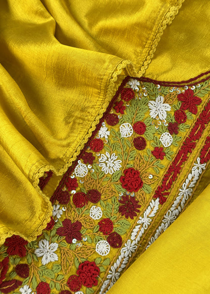 Yellow Satin Silk Suit Fabric With French knot And Kantha Stitch Hand Embroidery