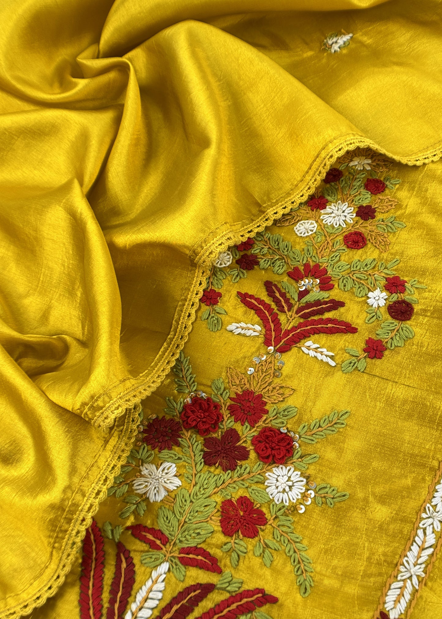 Yellow Satin Silk Suit Fabric With French knot And Kantha Stitch Hand Embroidery