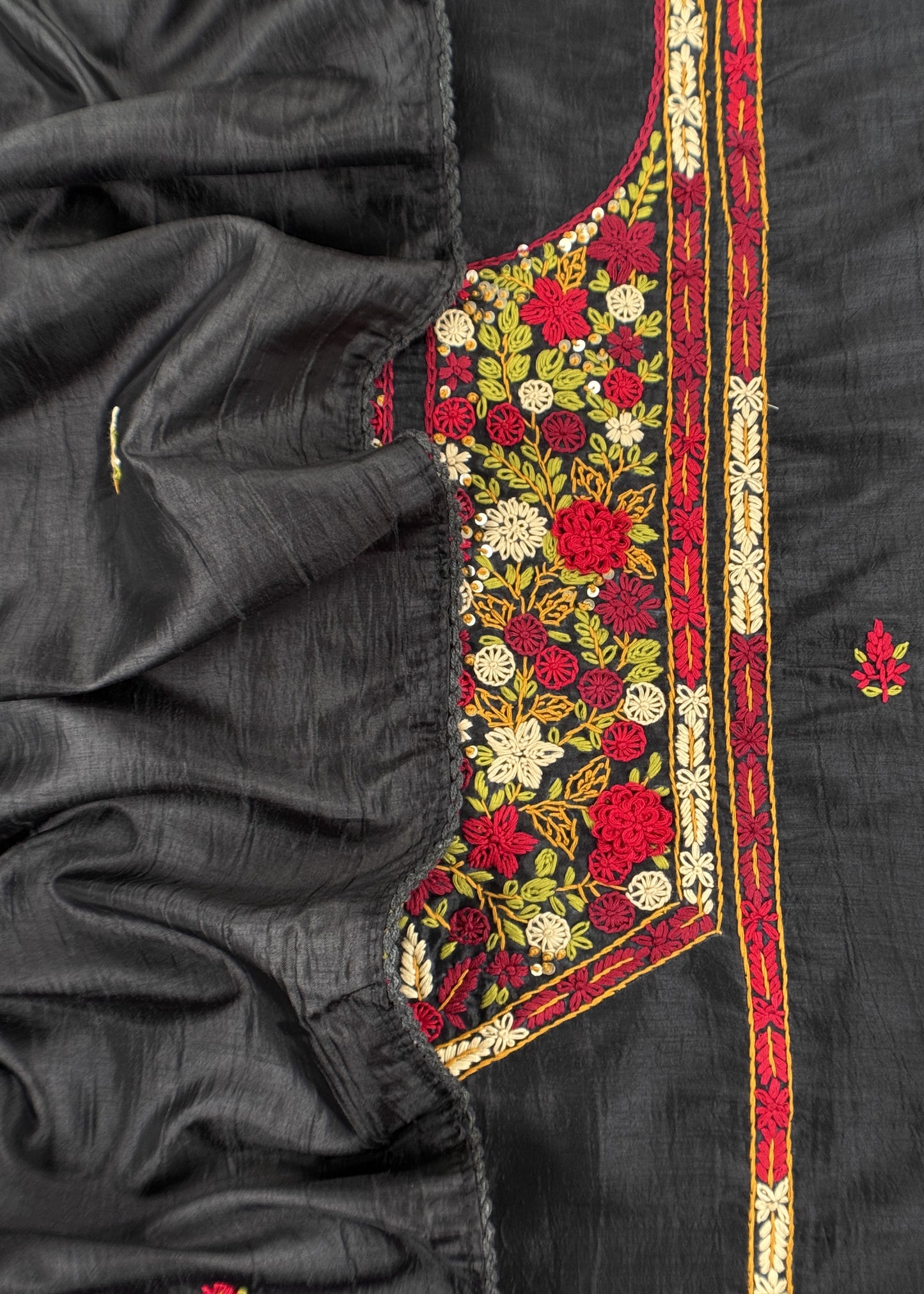 Black Satin Silk Suit Fabric With French Knot And Kantha Stitch Hand Embroidery
