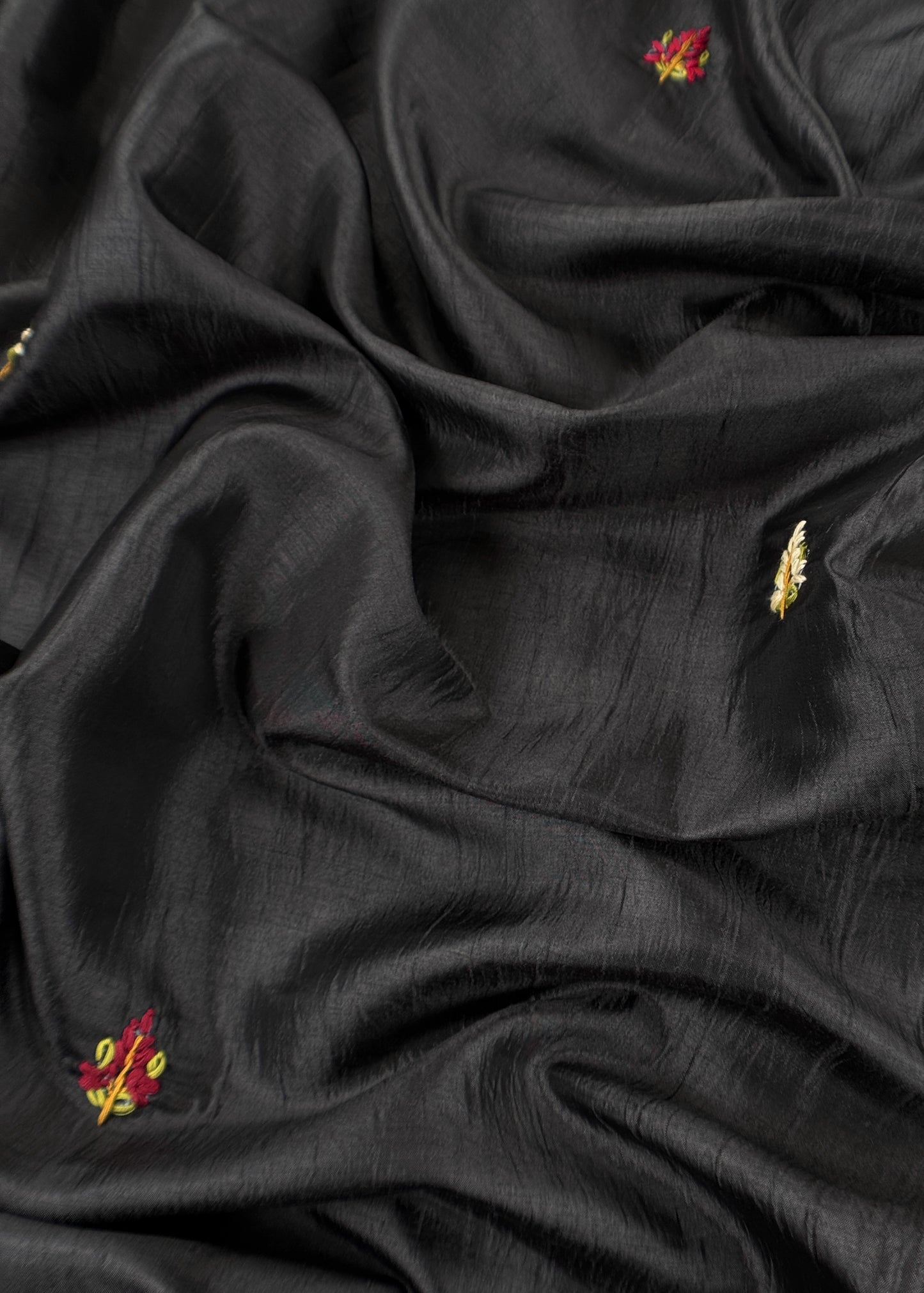 Black Satin Silk Suit Fabric With French Knot And Kantha Stitch Hand Embroidery