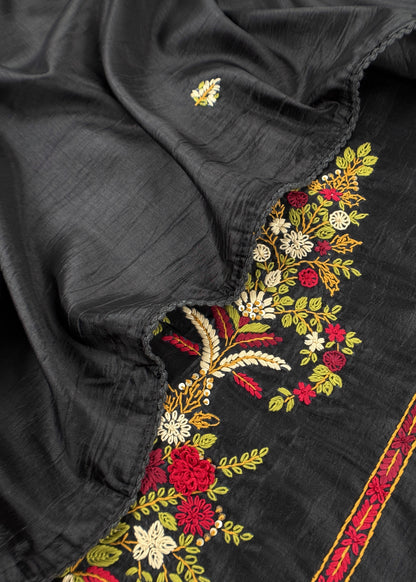 Black Satin Silk Suit Fabric With French Knot And Kantha Stitch Hand Embroidery