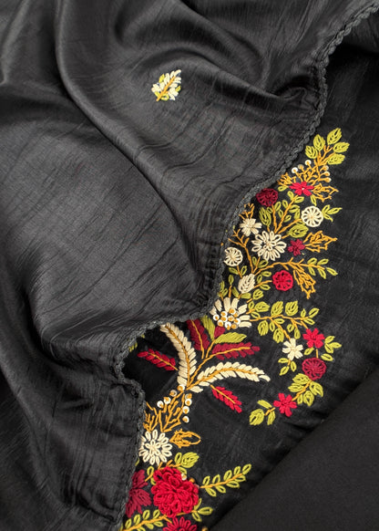 Black Satin Silk Suit Fabric With French Knot And Kantha Stitch Hand Embroidery
