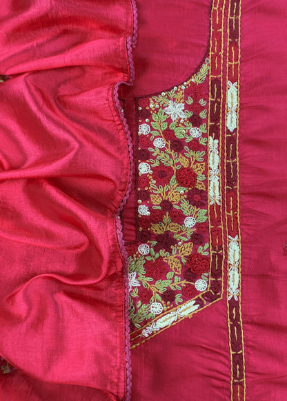 Red Satin Silk Suit Fabric With French knot And Kantha Stitch Hand Embroidery
