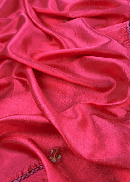 Red Satin Silk Suit Fabric With French knot And Kantha Stitch Hand Embroidery