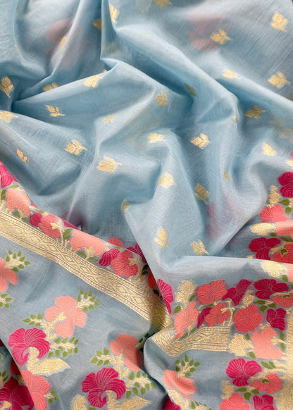 Sky Blue Handloom Banarasi Cotton Unstitched Suit Fabric With Meena Cutwork Weaving