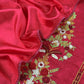 Red Satin Silk Suit Fabric With French knot And Kantha Stitch Hand Embroidery