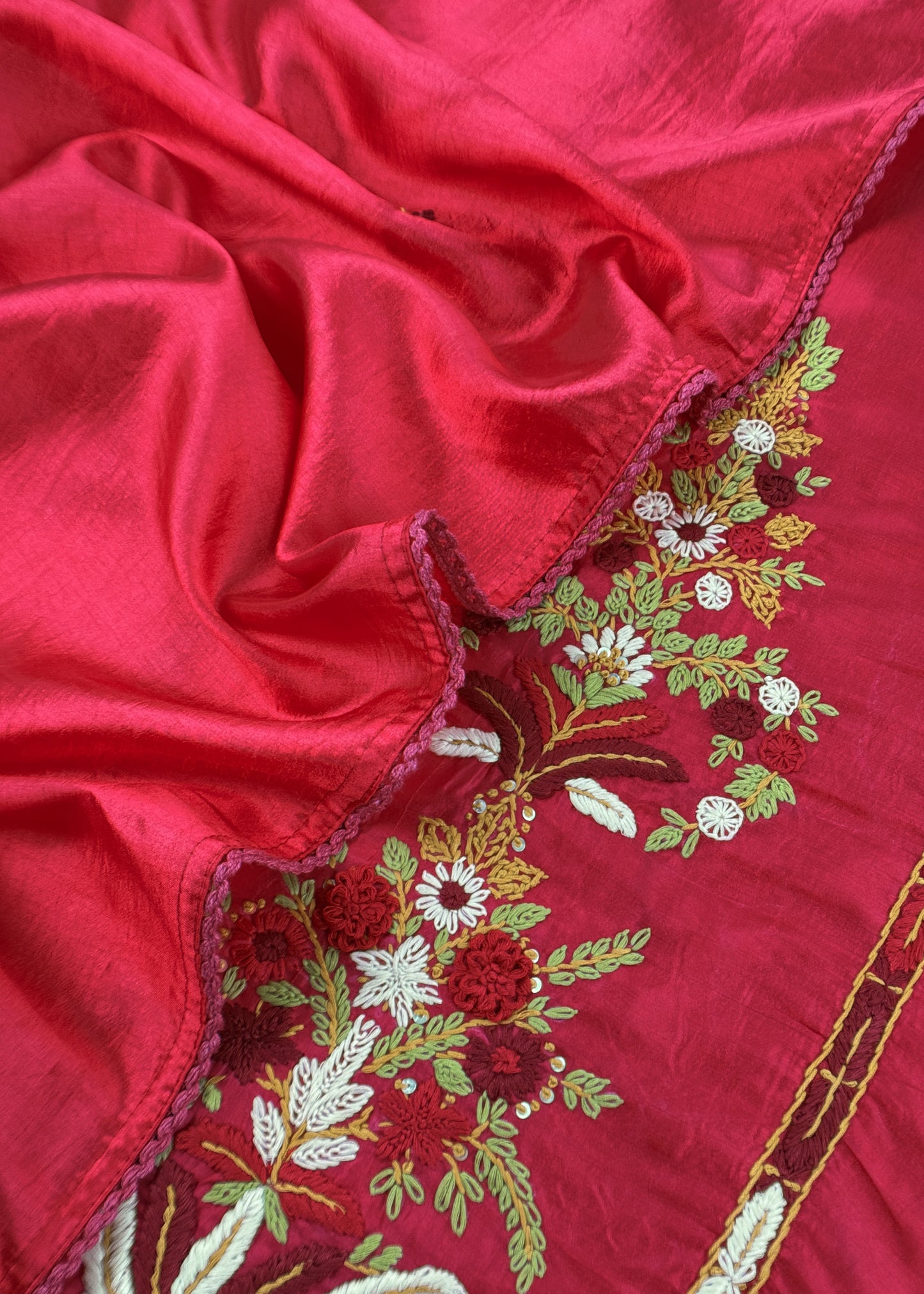 Red Satin Silk Suit Fabric With French knot And Kantha Stitch Hand Embroidery