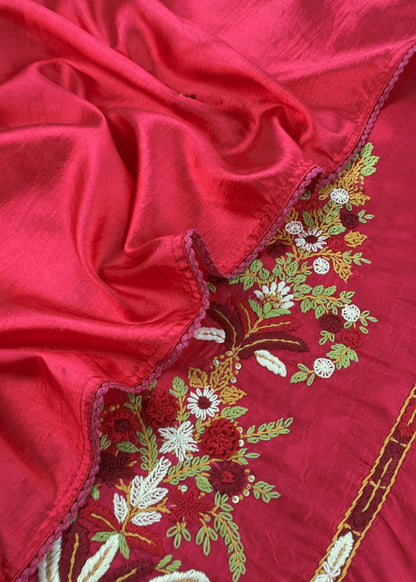 Red Satin Silk Suit Fabric With French knot And Kantha Stitch Hand Embroidery