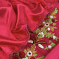 Red Satin Silk Suit Fabric With French knot And Kantha Stitch Hand Embroidery