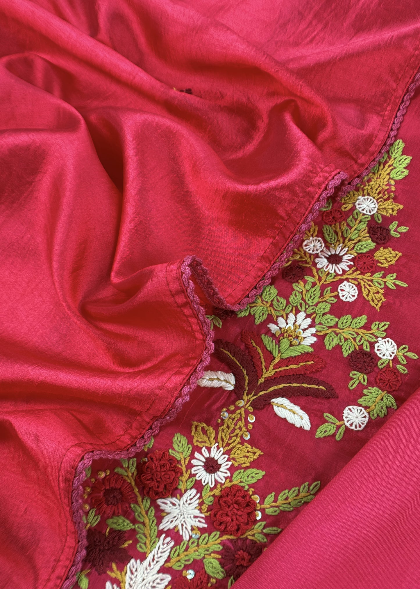 Red Satin Silk Suit Fabric With French knot And Kantha Stitch Hand Embroidery