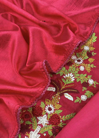 Red Satin Silk Suit Fabric With French knot And Kantha Stitch Hand Embroidery