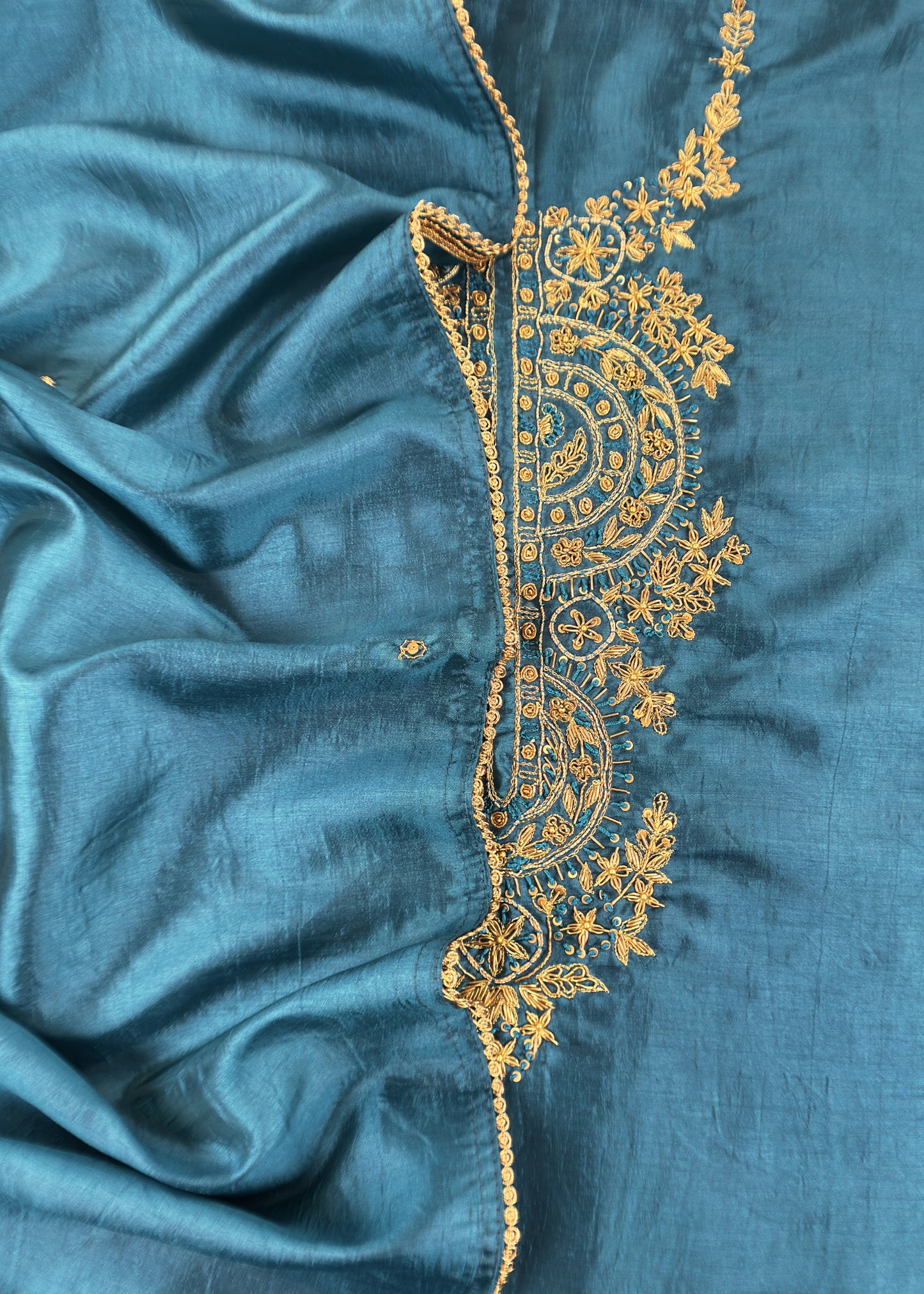 Teal blue Satin Silk Suit Fabric With Dori And Zardosi Embroidery