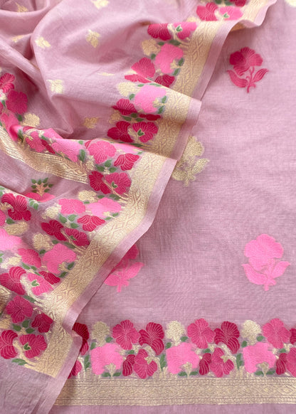 Puce Pink Handloom Banarasi Cotton Unstitched Suit Fabric With Meena Cutwork Weaving