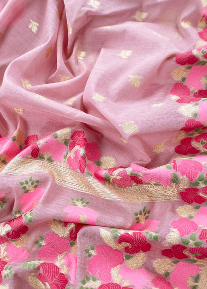 Puce Pink Handloom Banarasi Cotton Unstitched Suit Fabric With Meena Cutwork Weaving