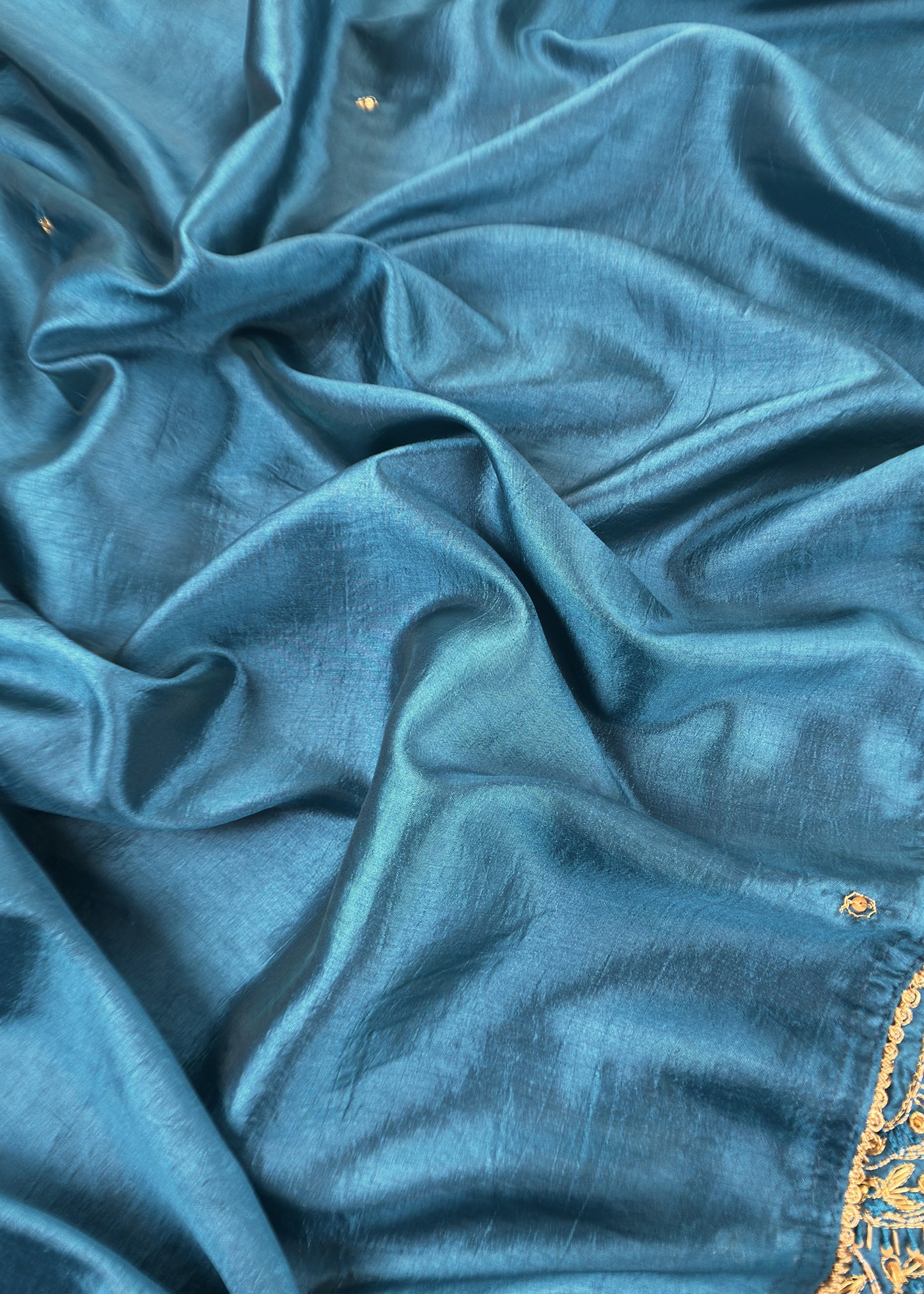 Teal blue Satin Silk Suit Fabric With Dori And Zardosi Embroidery