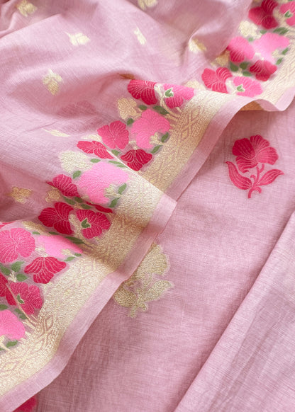 Puce Pink Handloom Banarasi Cotton Unstitched Suit Fabric With Meena Cutwork Weaving