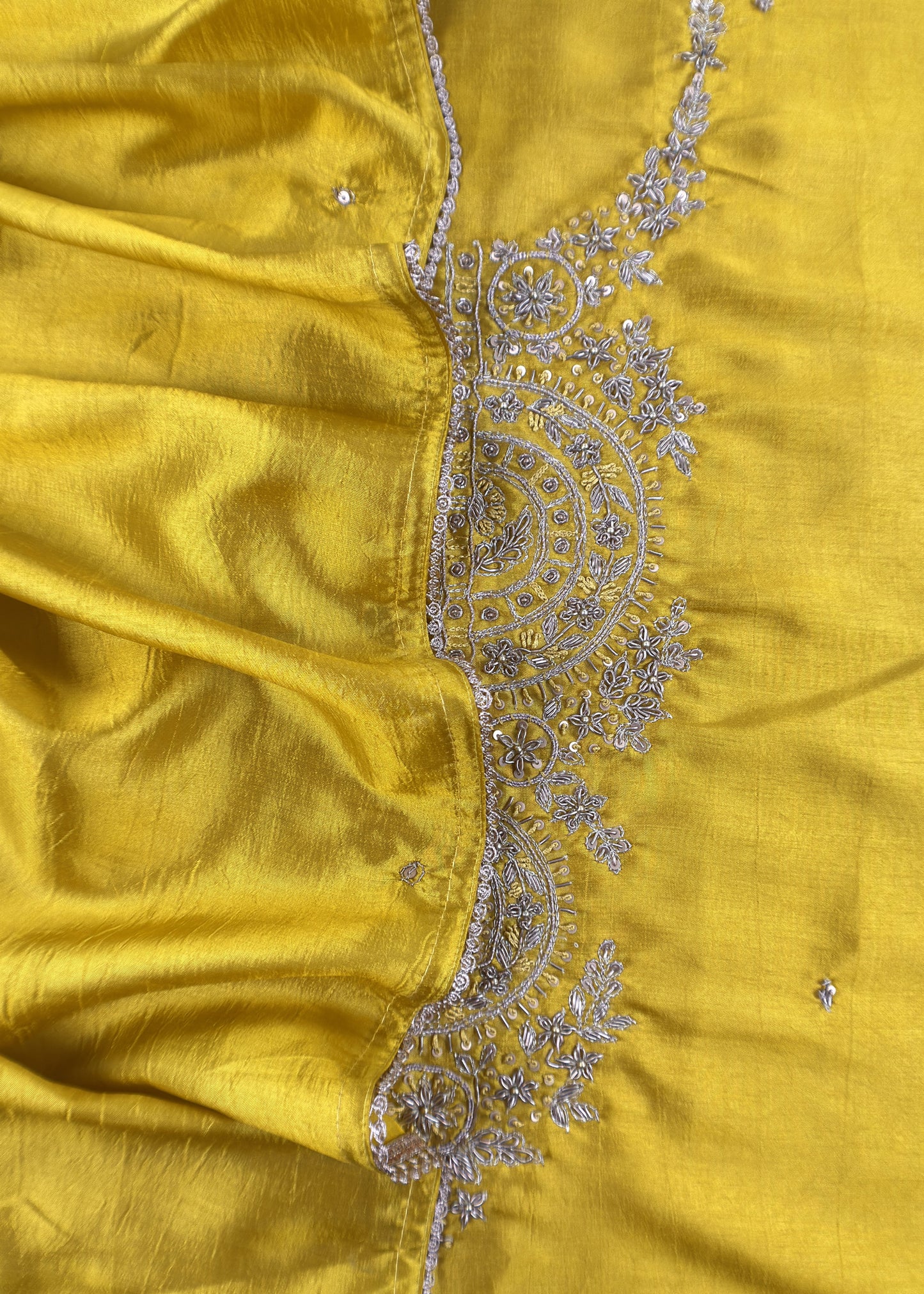 Yellow Satin Silk Suit Fabric With Dori And Zardosi Embroidery