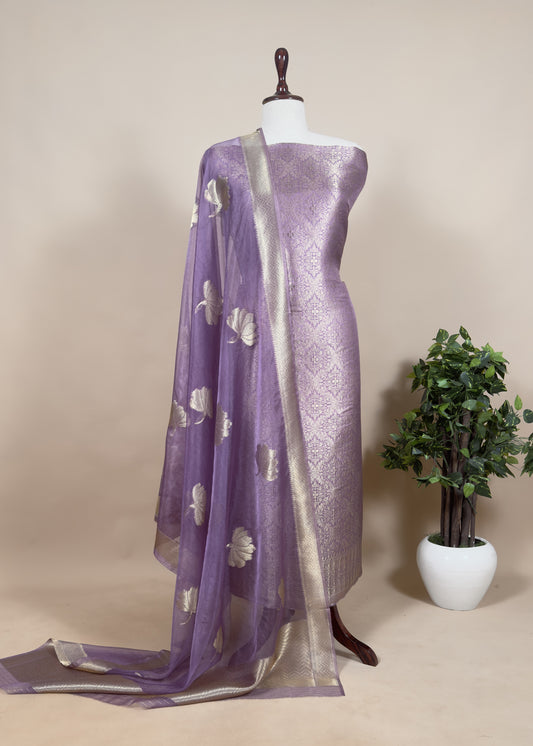 Purple Brocade Kurta With Organza Dupatta