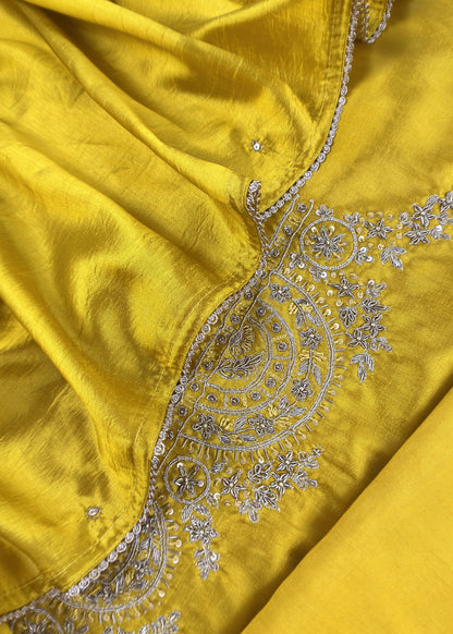Yellow Satin Silk Suit Fabric With Dori And Zardosi Embroidery