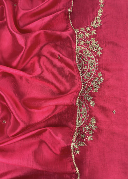 Red Satin Silk Suit Fabric With Dori And Zardosi Embroidery
