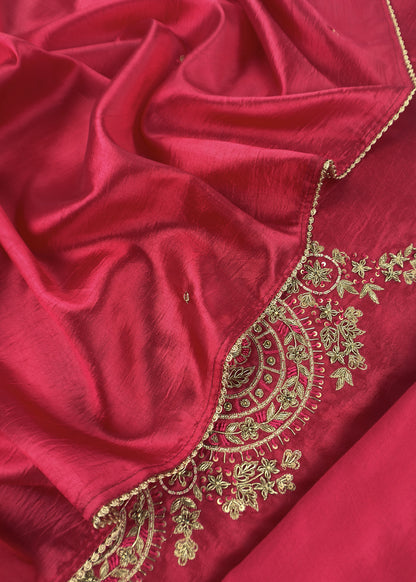 Red Satin Silk Suit Fabric With Dori And Zardosi Embroidery