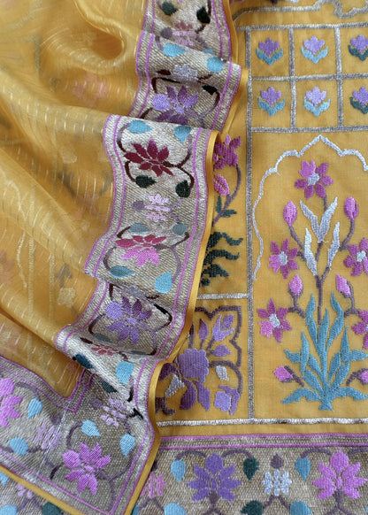 Marigold Yellow Handloom Kora Silk Suit With Gold Silver Zari And Rajasthani Khidki Embroidery