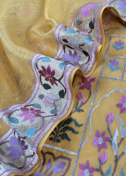 Marigold Yellow Handloom Kora Silk Suit With Gold Silver Zari And Rajasthani Khidki Embroidery