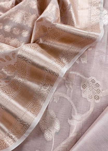 Chikoo Banarasi Silk Suit With Floral Zari Weaving