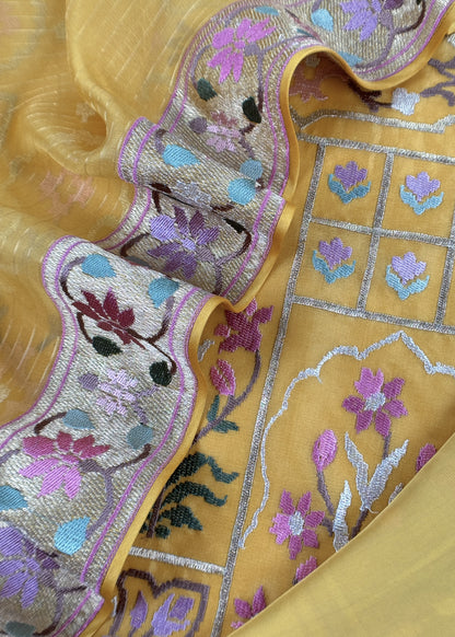 Marigold Yellow Handloom Kora Silk Suit With Gold Silver Zari And Rajasthani Khidki Embroidery