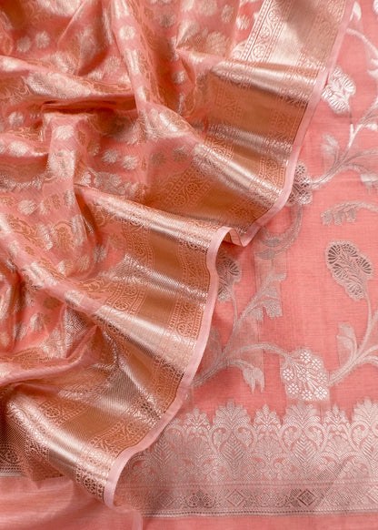 Peach Banarsi Silk Suit With Floral Zari Weaving
