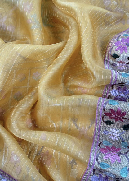 Marigold Yellow Handloom Kora Silk Suit With Gold Silver Zari And Rajasthani Khidki Embroidery
